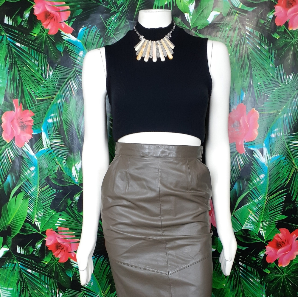 80s leather pencil skirt olive green